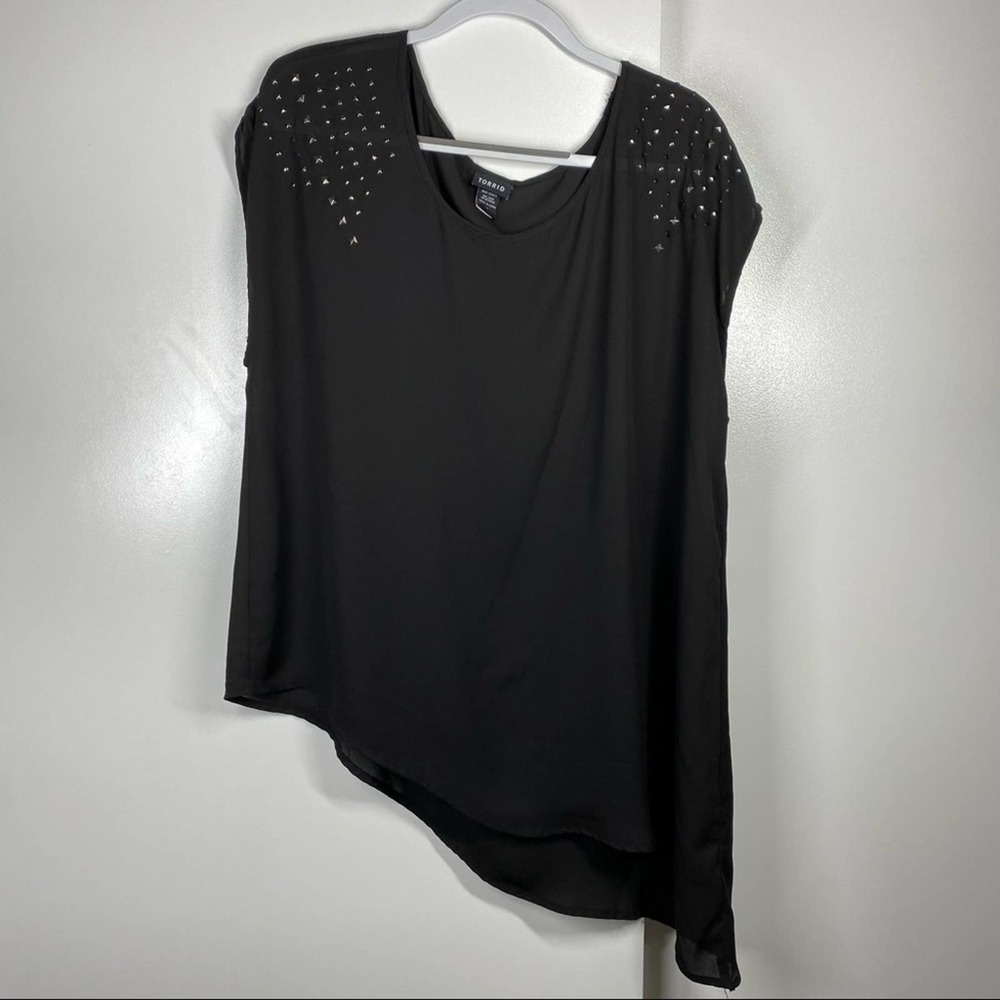 Torrid Sheer Asymmetrical Black Sleeveless Rhinestone Short Sleeve Blouse L
